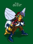  anthro beedrill blush brooke brown_hair catmonkshiro clothing english_text green_background hair nintendo plain_background pok&#233;ball pok&#233;mon pok&#233;morph pok&eacute;mon text torn_clothing transformation video_games 