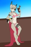  azalea beverage bikini clothed clothing collaboration cup fangs feline female hizzie looking_at_viewer lynx mammal necklace skimpy solo standing stripes swimsuit tail work_in_progress 