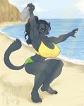  big_breasts big_thighs breasts cindi_savaan cleavage clothed clothing crouching feline female green_eyes hair huge_breasts long_hair looking_at_viewer madturtle mammal midriff muscles muscular_female panther ponytail seaside shirt shorts solo tail tank_top thick_thighs water weights workout 
