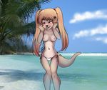  bikini black_nose blonde_hair blush breasts clothed clothing cloud clouds eyes_closed female hair laara leaves long_blonde_hair long_hair mammal mustelid navel nipples otter scenery seaside skimpy solo standing star swimsuit tight_clothing topless tree water wood 