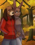  black_eyes brown_nose canine clothing couple eye_contact female forest hand_holding hoodie jailbird lagomorph leaves looking_at_each_other male mammal marie outside pants rabbit sweater thom tree walking wood 