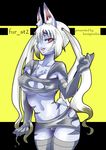  big_breasts breasts bunny canine clothed clothing english_text erect_nipples female fox furry horn legwear long_hair looking_at_viewer malamin mammal open_mouth pussy red_eyes skimpy skirt solo standing stockings tail text twintails white_hair 