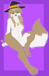  anthro black_nose blue_eyes breasts candy canine dog female halloween hat holidays lollipop looking_at_viewer magic_user mammal necklace nipples pinup pose pumpkin ryunwoofie selina solo standing witch 