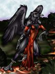  avian beak bird breasts chest_tuft collar crow dress female fur looking_at_viewer outside pose raven riding_crop solo spiked_collar tuft wings 