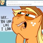  ask_jappleack blonde_hair cowboy_hat equine female feral freckles friendship_is_magic green_eyes hair hat horse hotdiggedydemon jappleack long_hair mammal my_little_pony open_mouth pony solo tumblr 