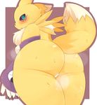  big_butt big_thighs black_nose blue_eyes breasts butt canine chubby digimon facial_markings female fox gloves looking_back mammal markings mcdonnell-douglas renamon side_boob solo standing sweat tail thick_thighs 