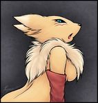  black_nose blue_eyes breasts canine chest_tuft digimon female fox fur k-y-r-i-e looking_back mammal open_mouth renamon side_boob simple_background solo tuft 