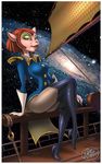  boots brown_hair butt captain captain_amelia cat claws clothed clothing disney feline female fernando_faria gloves green_eyes hair high_heels legwear lips looking_at_viewer makeup mammal ship short_hair sitting smirk solo space stars tail thigh_highs thighs treasure_planet wide_hips 