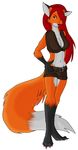  big_breasts blue_eyes breasts canine cleavage clothed clothing female fox hair long_hair long_red_hair mammal pawpads red_hair samantha_arrow shorts solo standing syntex 