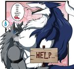  &hearts; &lt;3 anthro big_breasts breasts canine dialog dialogue duo ear_piercing earring english_text fangson fangson_lorenzo female green_eyes hair help_me looking_at_viewer male mammal piercing sergal sign sweat sweatdrop tail text tongue vallery walter_sache wolf 