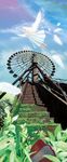  angel angel_wings bad_id bad_pixiv_id barefoot bug dress feathers ferris_wheel flying highres insect ladybug long_hair masao original overgrown perspective rust solo stairs white_dress white_hair wings 