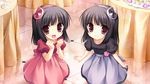  2girls black_hair dress game_cg long_hair midori_no_umi pink_eyes rikuno sorane twins yukie 