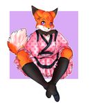  beads black_nose blush border canine dress facial_markings female fluffy_tail fox frills knee_socks lace legwear looking_at_viewer mammal markings purple_eyes red_markings ribbons ruffles sandals shoes sitting smile solo stockings strawberryneko tail young 