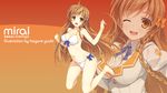  ahoge bikini braid brown_eyes brown_hair culture_japan hagure_yuuki hair_accessory hair_ornament highres long_hair mascot mirai_millennium open_mouth ribbon school_uniform seifuku suenaga_mirai swimsuit twin_braids wallpaper wink yuuki_hagure zoom_layer 