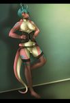  bant3r breasts corset ekaa female green_hair horn lizard mitsukijuran nipples pussy scalie skimpy solo standing stockings tail tongue tongue_out 