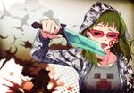  creeper crossover explosion glasses green_hair gumi highres hood hoodie kazufumi_(kaz-newt) licking minecraft red_eyes short_hair solo sword tongue vocaloid weapon 