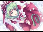  :o bad_id bad_pixiv_id bow bug butterfly frills from_above front_ponytail green_eyes green_hair hair_bow insect kagiyama_hina letterboxed light_particles light_smile long_hair mokoppe open_mouth skirt_hold solo touhou 