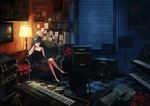  amplifier book breasts chair checkered checkered_floor computer crossed_legs dress flower hatsune_miku headphones hjl instrument keyboard_(instrument) lamp laptop long_hair looking_to_the_side night picture_(object) rack_(torture) red_flower red_rose room rose sitting small_breasts solo speaker synthesizer vocaloid yamaha_dx7 