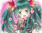  aqua_eyes aqua_hair flower hair_flower hair_ornament hatsune_miku long_hair necktie petals ribbon smile solo twintails vocaloid yuki_(siroikona) 