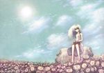  bare_shoulders barefoot blackball blue_eyes blurry book cloud day depth_of_field dress eyewear_removed field flower flower_field from_ground glasses highres lens_flare light_smile long_hair looking_at_viewer meadow original rock sitting sky solo sun white_dress white_hair 