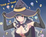  black_gloves blush breasts cape cleavage corset elbow_gloves food gloves halloween hat idolmaster idolmaster_(classic) large_breasts red_eyes shijou_takane shougi_(116) silver_hair smile solo sweets trick_or_treat witch_hat 