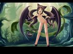 :d animal_ears boots bow brown_hair cat_ears cat_tail demon_girl flat_chest gloves green_eyes highres hoshi_no_gen letterboxed long_hair looking_at_viewer navel nipples no_nose no_pussy nude open_mouth riviera rose_(riviera) sidelocks smile solo succubus tail tail_bow twintails very_long_hair wings 