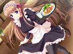  1girl breasts brown_hair chair cup food fork game_cg highres indoors knife komori_kei long_hair looking_at_viewer maid maid_headdress noel_maresse_ascot pantyhose purple_eyes sandwich shoes smile solo standing waitress walkure_romanze 