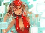  1girl bare_shoulders breasts brown_hair cleavage_cutout gradient gradient_background looking_at_viewer meiko open_mouth red_eyes solo upper_body vocaloid 