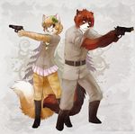  anthro belt black_nose blonde_hair blue_eyes boots bow bra breasts brown_eyes buttons canine cat cleavage clothed clothing distracted duo feline female fox gun hair iskra iskra_(character) male mammal military miniskirt pink_nose pistol pose ranged_weapon revolver ribbons short_blonde_hair short_hair skirt standing tail tongue tongue_out unbuttoned underwear weapon 