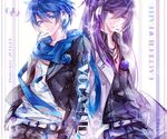  bad_id bad_pixiv_id belt blue_eyes blue_hair blue_scarf character_name flower hair_flower hair_ornament headphones instocklee jacket kaito kamui_gakupo long_hair male_focus multiple_boys ponytail purple_eyes purple_hair scarf vocaloid 