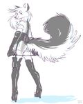  arctic_fox black_and_white blush boots bottomless butt canine clothed clothing dominatrix female fox half-dressed heels kaputotter looking_back mammal monochrome plain_background pussy solo tail whip white_background 