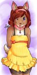  blue_eyes bow brown_hair canine clothing collar cute dress female hair headband looking_at_viewer mammal one_eye_closed purple_eyes red_hair shorts solo standing strawberryneko tail tongue tongue_out wink 
