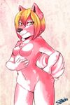  anthro breasts canine chest_tuft female fur hair looking_at_viewer mammal midriff multi-colored_hair navel nude pinup pose siran solo standing strawberryneko tail tuft yellow_eyes 