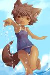  ?? brown_eyes brown_hair camel_toe canine female fox hair jumping mammal one-piece_swimsuit open_mouth pasikon short_brown_hair short_hair sky small_breasts solo splashing swimsuit tail water 