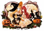  animal_ears animal_hood blonde_hair blue_eyes cat_ears cat_hood character_request dress halloween hat hood jack-o'-lantern kneeling michi_ta_(masquerade) multiple_girls proposal_license_irimasen_ka? pumpkin red_eyes red_hair witch_hat 