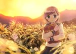  bag blue_eyes blush brown_hair field hair_ornament hairclip holding ikeda_jun_(mizutamari) light long_sleeves original school_uniform serafuku short_hair skirt smile solo sun sunset wheat 