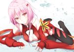  bare_shoulders black_legwear blush breasts center_opening cleavage elbow_gloves fingerless_gloves gloves guilty_crown hair_ornament hairclip kirifrog long_hair lying medium_breasts on_side pink_hair red_eyes solo thighhighs yuzuriha_inori 