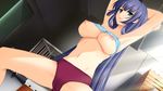  bloomers blue_eyes bra breasts gakuen_taima game_cg long_hair nipples purple_hair underwear 