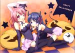  animal_ears blue_hair breasts bunny_ears checkered checkered_background cleavage covered_navel demon_tail halloween happy_halloween hat highres horns jack-o'-lantern medium_breasts multiple_girls orange_background original pink_eyes pink_hair pumpkin purple_eyes sakura_(usashiro_mani) small_breasts tail thighhighs usashiro_mani waka_(mani) witch_hat 