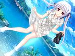  barefoot boat cloud day dress dutch_angle game_cg holding holding_shoes jewelry komori_kei lens_flare lisa_eostre long_hair looking_at_viewer necklace open_mouth purple_eyes see-through shoes shoes_removed silver_hair skirt_hold sky solo twintails wading walkure_romanze water watercraft 