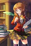  artist_request bangs blazer blunt_bangs book bow braid brown_hair clipboard feathers glasses jacket library long_hair lowres plaid plaid_skirt pleated_skirt quill school_uniform skirt solo sword_girls thighhighs twin_braids yellow_eyes 