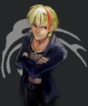  blonde_hair casual crossed_arms earrings fate/stay_night fate_(series) gilgamesh jewelry kabio male_focus necklace red_eyes red_hair solo 