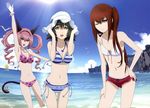  3girls animal_ears beach bikini cleavage faris_nyannyan makise_kurisu shiina_mayuri steins;gate swimsuit tail wink 