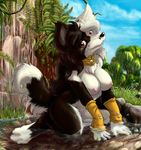 anthro big_breasts border_collie breasts canine chest_tuft dog female fur kneeling looking_at_viewer mammal nipples nude sitting sky smile solo tail tree tuft water wood 