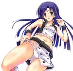  :o belt blue_hair blush brown_eyes from_below idolmaster idolmaster_(classic) kisaragi_chihaya long_hair maiden_in_black_(idolmaster) midriff navel panties panty_pull perspective pink_diamond_765 rikudou_inuhiko solo underwear white_panties 