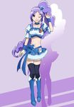  aono_miki black_legwear blue_choker blue_footwear blue_skirt boots choker cure_berry earrings fresh_precure! gyuniku hair_ornament heart heart_hair_ornament highres jewelry knee_boots long_hair magical_girl midriff navel one_eye_closed precure purple_background purple_eyes purple_hair skirt solo thighhighs zettai_ryouiki 