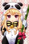  :&lt; animal_costume artist_request bamboo bell blonde_hair blush bow child cinia_pacifica drill_hair gloves long_hair lowres panda panda_costume pink_eyes ribbon solo sword_girls 