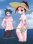  anamochi bikini female hat ocean red_hair sea sky smile swimsuit 