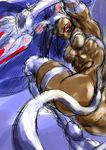  abs angry animal_ears blue_hair breasts cat_ears dark_skin felicia graphite_(medium) hey_(bluebell) highres medium_breasts mixed_media paws red_eyes sketch solo tail traditional_media vampire_(game) 