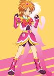  boots brown_eyes brown_hair cure_bloom earrings eyelashes fingerless_gloves futari_wa_precure_splash_star gloves gyuniku heart highres hyuuga_saki jewelry knee_boots magical_girl pink_footwear precure short_hair shorts shorts_under_skirt smile solo 